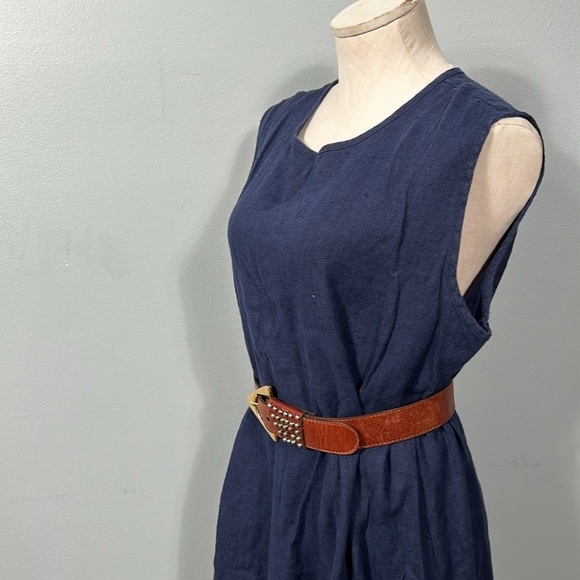 Vintage Navy 100% linen Maxi Relaxed Fit Side Slit Crew Neck Dress size 16 - Picture 4 of 15